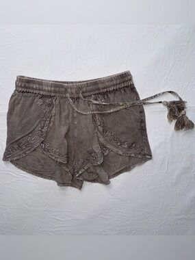 Earthbound Trading Co - Flowy Shorts With Embroidery Details & Drawstrings